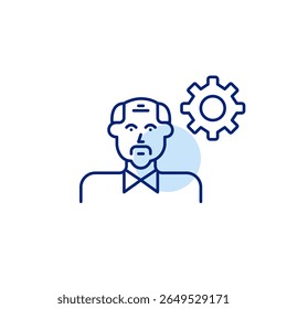 Elderly man and cogwheel. User settings, profile customization, female user preferences, account management, system configuration. Pixel perfect, editable stroke vector icon