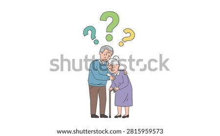 An elderly man comforts his confused wife as they stand together beneath a series of colorful question marks.