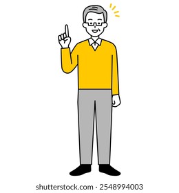 Elderly man coming up with an idea (full body)