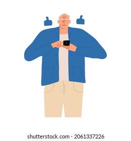 An elderly man communicates on social networks by phone. Vector illustration in flat style