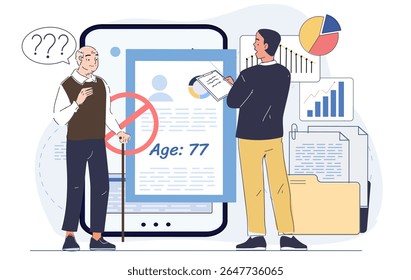 Homem idoso confuso enquanto homem mais jovem mostra negação de perfil com base na idade na tela digital, estilo plano, gráficos e arquivos em segundo plano. Conceito de idade. Ilustração vetorial