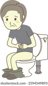 An elderly man with constipation sitting on a toilet seat