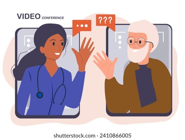 Elderly man consults with doctor via video call. Female character prescribes medicine for grandfather. Specialist communicates with old patient of online. Telemedicine concept. Flat vector