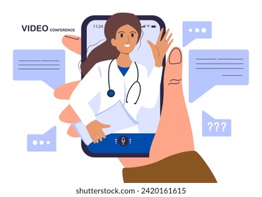 Elderly man consults with doctor via video call. Female character prescribes medicine for grandfather. Specialist communicates with old patient of online. Telemedicine concept. Flat vector