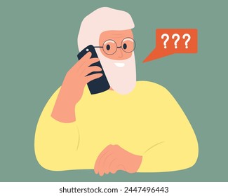 Elderly man consults with doctor via phone call. Specialist communicates with old patient of online. Telemedicine concept. Flat vector illustration.