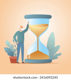 Elderly Man Contemplating a Large Hourglass Symbolizing the Passage of Time. Vector Illustration.