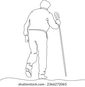 Elderly man in continuous drawing style. An older man walks holding a cane. Minimalist black linear sketch isolated on white background. Vector illustration