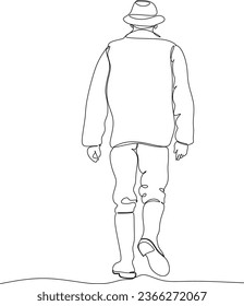 Hombre mayor con estilo de dibujo continuo. Un hombre mayor camina sosteniendo un bastón. Esbozo lineal negro minimalista aislado sobre fondo blanco. Ilustración del vector