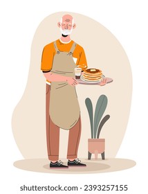 Elderly man cooking. Senior with plate of pancakes. Traditional and healthy morning breakfast. Pensioner with tasty food with syrup. Household routine. Cartoon flat vector illustration