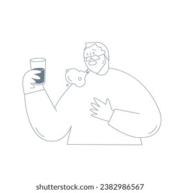 An elderly man is coughing while drinking juice.