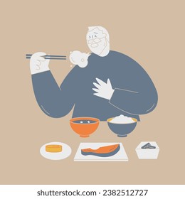 An elderly man is coughing while eating.