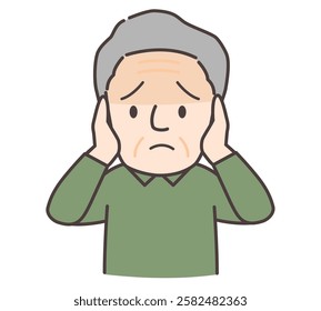 Elderly man covering his ears with both hands.