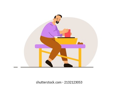 Elderly Man Creating Pottery On Potters Wheel In Studio. Workshop, Creative Hobby And Art Therapy Concept. Modern Flat Vector Illustration