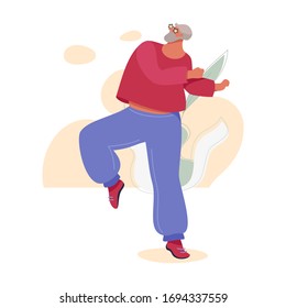 Elderly man dancing in freestyle. Catchy modern illustration. Healthy active life vector concept.