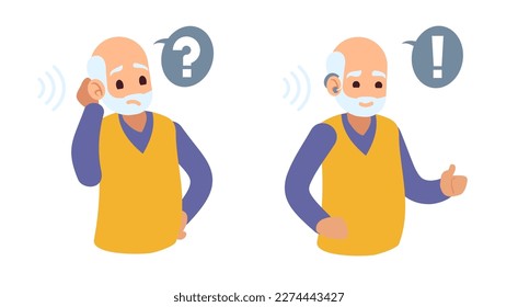 Elderly man is deaf, old man is wearing hearing aid and he hears well. otolaryngology treatment. Healthcare device, medicine technology, cartoon flat character. Vector set