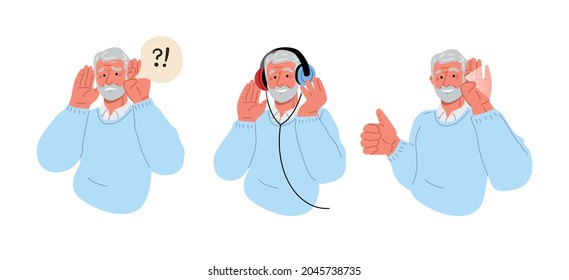 The elderly man is deaf.Old man is wearing headphones and does a hearing test.Retiree has been healed.Hearing exam for seniors.Vector flat illustration.