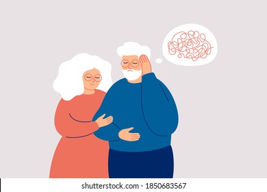 Elderly man with dementia needs help. Mature couple supports each other in the fight with amnesia and mental disorder. Memory loss concept. Vector illustration