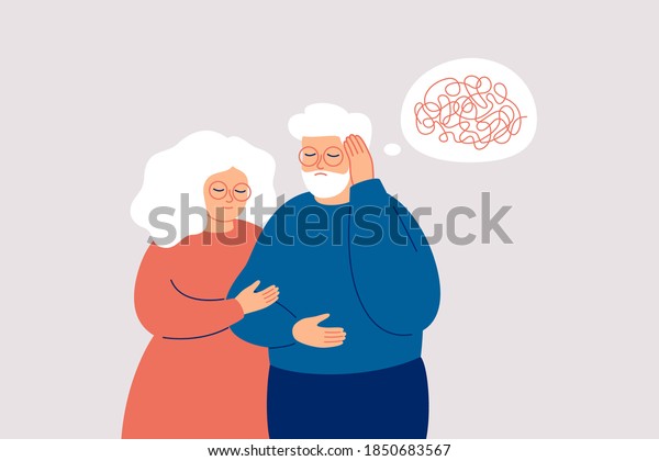 Elderly man with dementia needs help.\
Mature couple supports each other in the fight with amnesia and\
mental disorder. Memory loss concept. Vector\
illustration