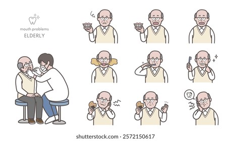 Elderly man dental treatment illustration set