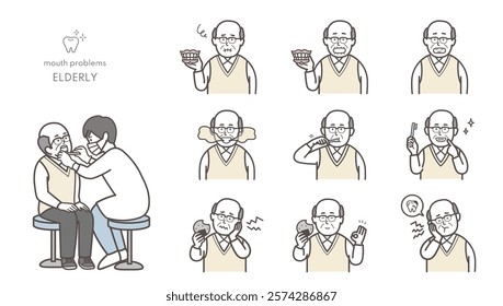 Elderly man dental treatment illustration set