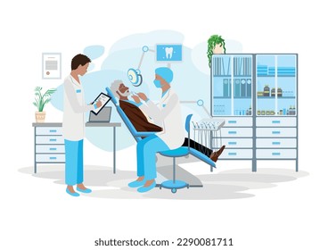 Un anciano en la cita de un dentista en una oficina dental. Odontología. Tratamiento, prótesis, prevención, limpieza profesional y blanqueamiento de dientes. Ilustración vectorial en un estilo sencillo.