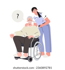 An elderly man with Alzheimer’s disease and question mark in an invalid chair with a nurse taking medical care as he has problems with memory, thinking and behavior because of his dementia.