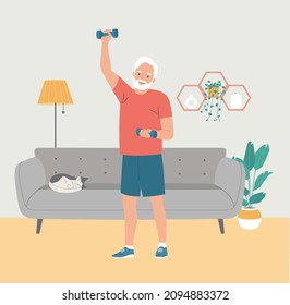 Los ancianos hacen ejercicios en casa. El interior de la sala de estar. Quédate en casa. Ilustración vectorial de dibujos animados de estilo plano. 