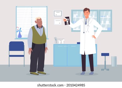 Elderly man at doctors appointment in medical clinic hospital, arthritis osteoporosis disease concept vector illustration. Cartoon senior patient character and doctor with x-ray of joint background