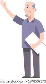 An elderly man with documents in his hands raised his hand up. Isolated on a white background. Flat infographics. Vector illustration.