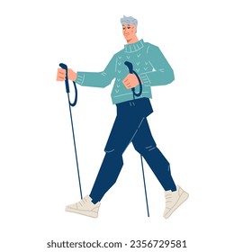 Elderly man does Nordic walking workout for concept of sport workout is perfect for elderly people and all fitness levels. Nordic walking activity, flat vector illustration isolated on white.