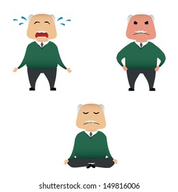 Elderly man doing actions collection on white background