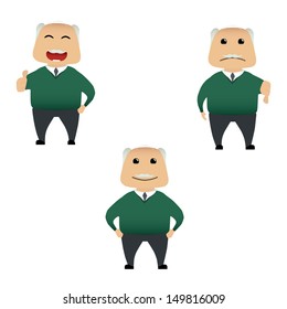 Elderly man doing actions collection on white background