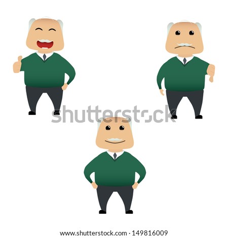 Elderly man doing actions collection on white background