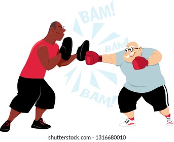 Elderly man doing boxing mitt drill with a young trainer, EPS 8 vector illustration	