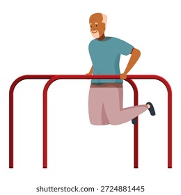 Elderly man doing dips on parallel bars, showcasing strength, fitness, and healthy aging