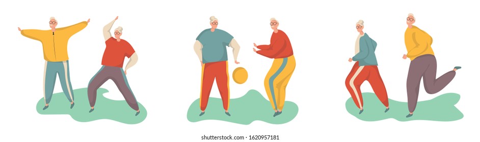 Elderly man doing exercises. Healthy lifestyle, active lifestyle. Sport for grandparents.Holding hands couple.Objects isolated on a white background.