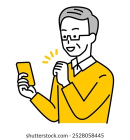 Elderly man doing a fist pump while looking at his smartphone screen