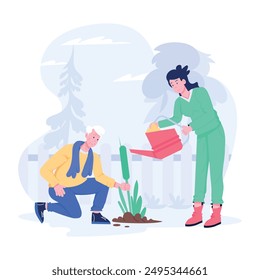 Elderly man doing gardening with nurse, flat illustration 