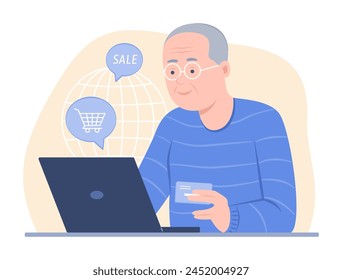 Elderly Man Doing Online Shopping on Laptop for E-Commerce Concept Illustration