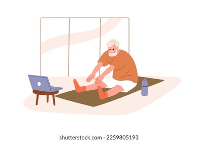 Hombre mayor haciendo ejercicio deportivo, estirándose sobre esterilla de fitness con video en línea en computadora portátil. Ancianos en casa entrenando a través de internet. Ilustración vectorial plana aislada en fondo blanco