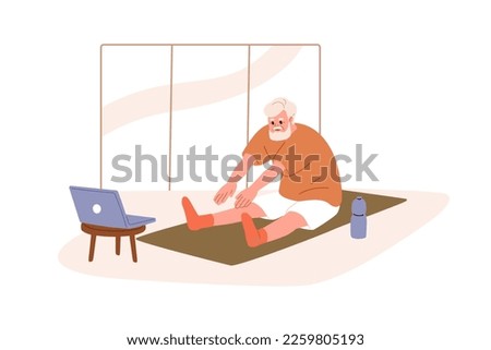 Elderly man doing sport exercise, stretching on fitness mat with online video on laptop computer. Old senior person at home workout via internet. Flat vector illustration isolated on white background