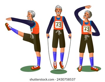 Elderly man doing sports exercises, stretching, rope jumping and preparing for marathon. Cute grandparent with gray hair wearing sportswear. Active lifestyle concept. Vector isolated on white