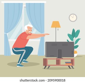 Hombre mayor haciendo ocupaciones en casa. El interior de la sala de estar. Quédate en casa. Ilustración vectorial de dibujos animados de estilo plano. 