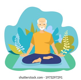 Elderly man doing yoga. Happy Retired  concept. 
Happy relaxed chubby man practising Lotus yoga pose, meditating and doing hatha breathing exercise. Senior people leading active life concept  
