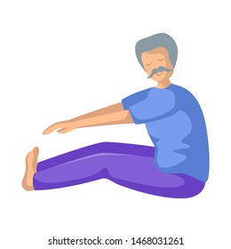 Elderly man doing yoga or stretching on mat, old person doing sport exercise and meditation. male flat character - isolated figure on white background. Vector illustrstion 
