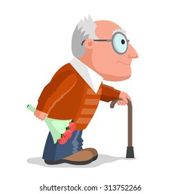 Elderly man dressed in a brown sweater and blue trousers, with walking cane in one hand and with bouquet of flowers in other hand is going on date. Love at any age concept