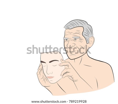 An elderly man dresses a mask with the face of a young guy. concept of rejuvenation. vector illustration.
