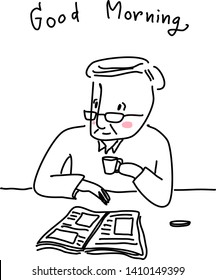 Elderly man drinking coffee. Man enjoying hot coffee. Happy man sitting at cafe, holding a cup of coffee. Senior man smiling, holding a coffee cup and looking away from book. Outline drawing vector.