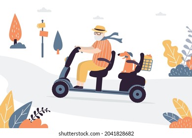 Elderly man driving electric tricycle scooter. Older male character driving through park. Transport for elderly people. Grandfather rides with dog on electric wheelchair. Flat vector illustration