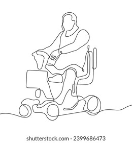 Elderly man driving mobility scooter continuous line vector illustration